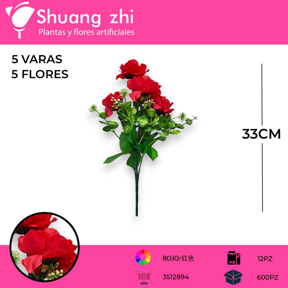 FLOR MINI SAKURA 5 VARAS ROJO