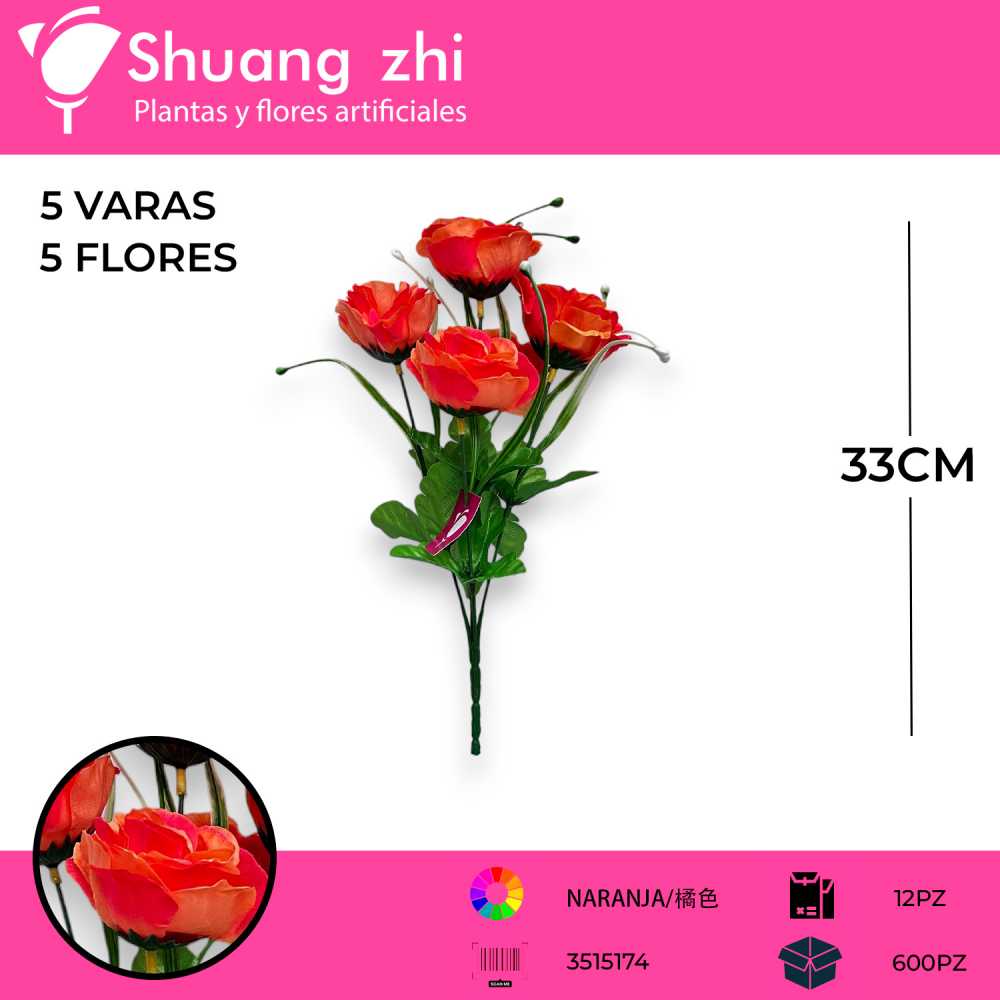 FLOR MINI ROSA 5 VARAS NARANJA