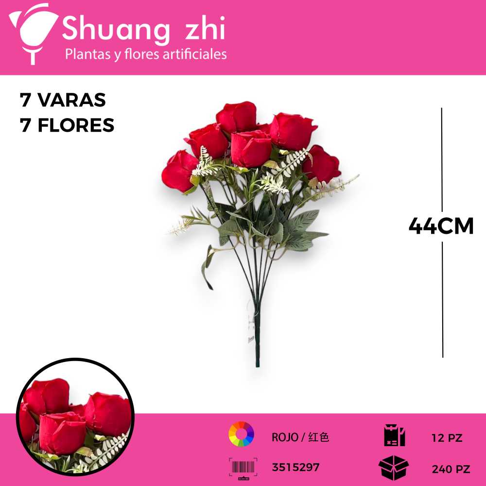 RAMO FLOR 7 VARAS ROJO 44CM