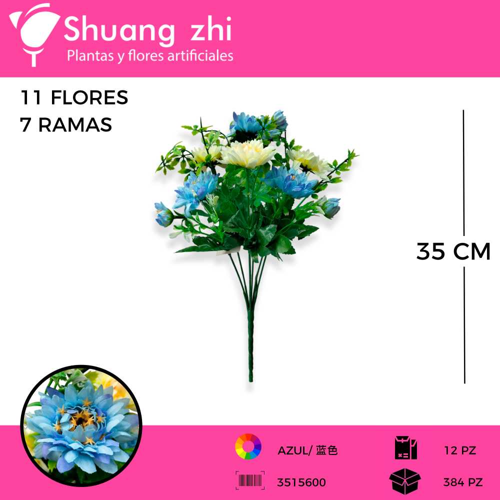 RAMO CRISANTEMO AZUL 7 VARAS 35CM