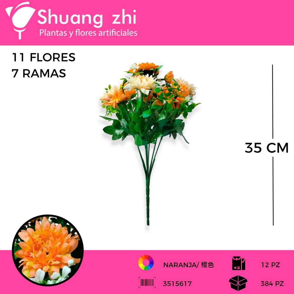 RAMO CRISANTEMO NARANJA 7 VARAS 35CM