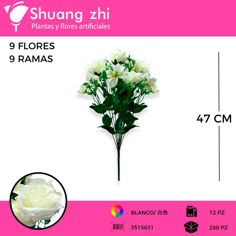 RAMO FLOR ROSA BLANCO 9 VARAS 47CM