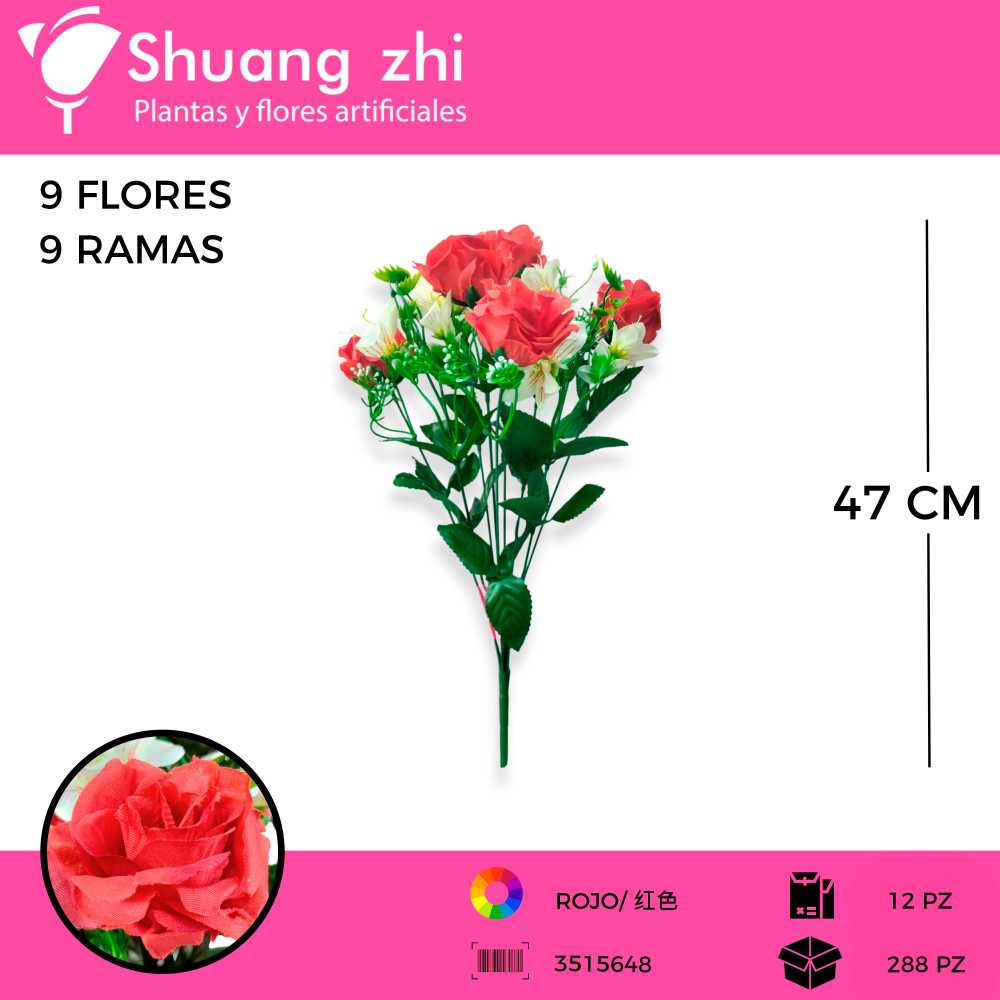RAMO FLOR ROSA ROJO 9 VARAS 47CM