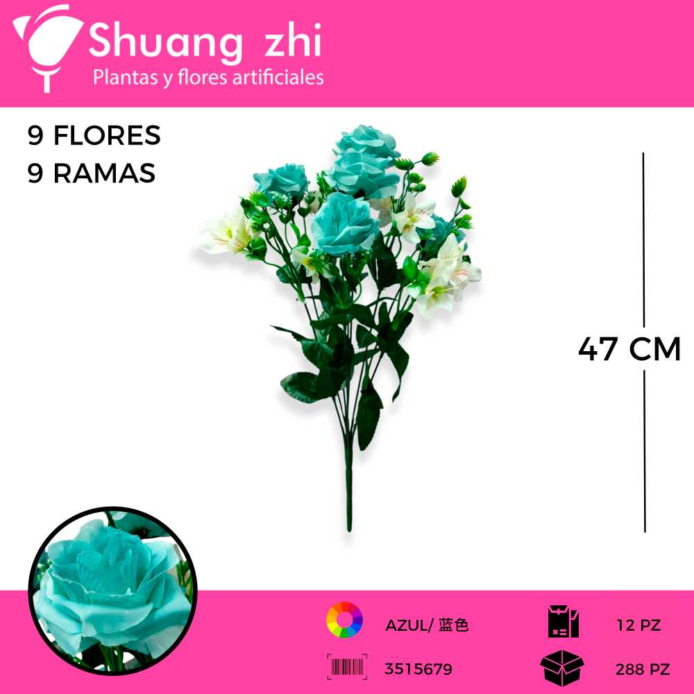 RAMO FLOR ROSA AZUL 9 VARAS 47CM