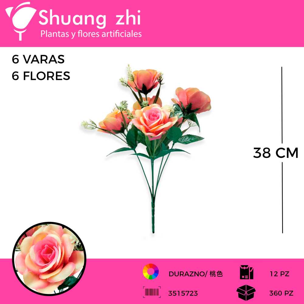 RAMO FLOR 6 VARAS 38 CM COLOR DURAZNO