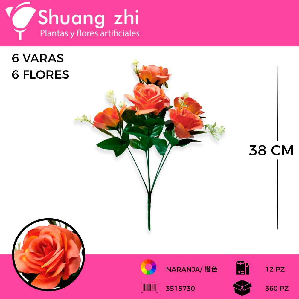 RAMO FLOR 6 VARAS 38 CM COLOR NARANJA