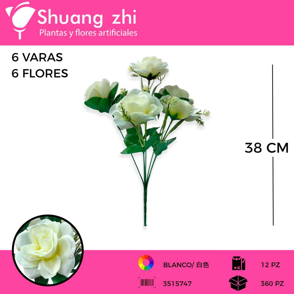 RAMO FLOR 6 VARAS 38 CM COLOR BLANCO