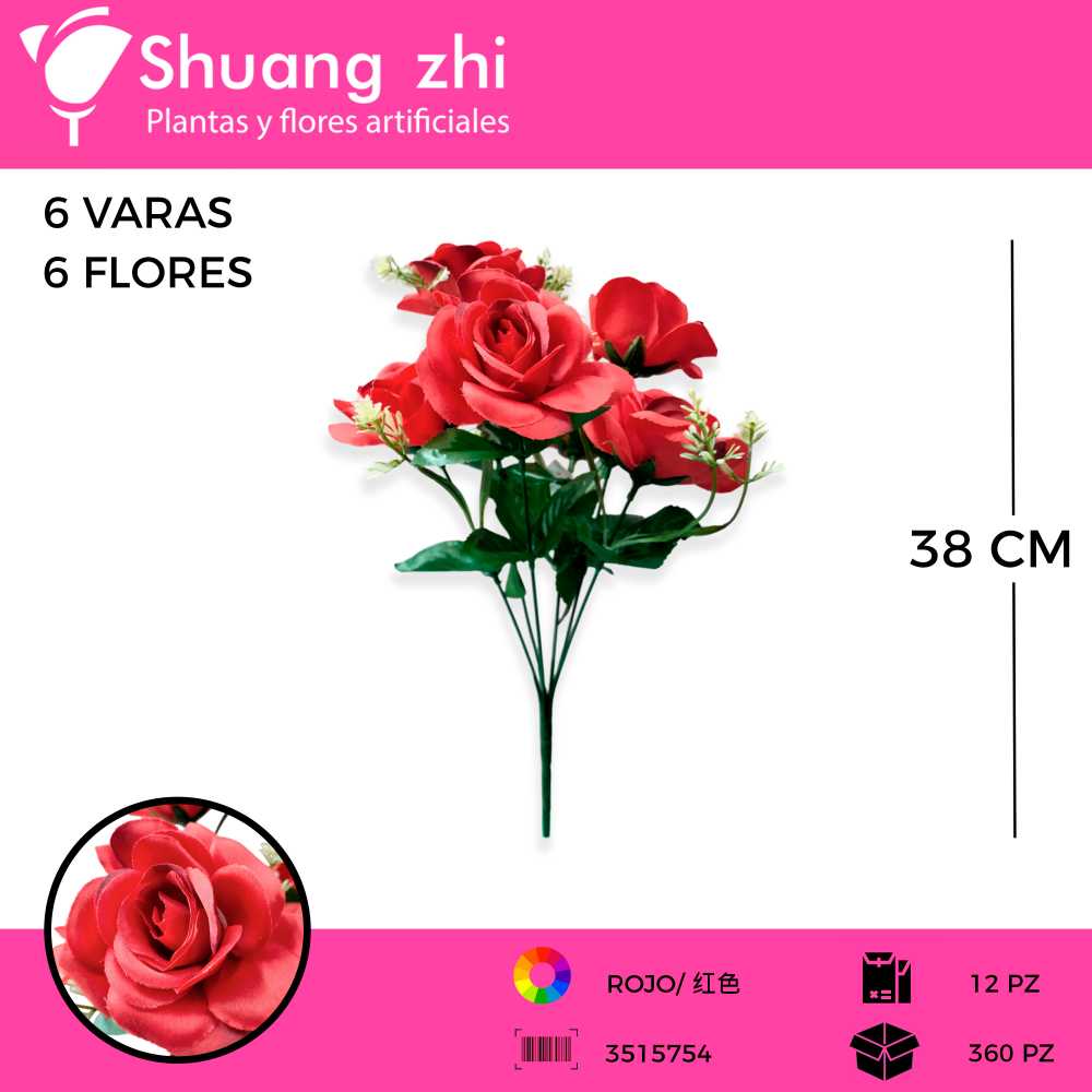RAMO FLOR 6 VARAS 38 CM COLOR ROJO