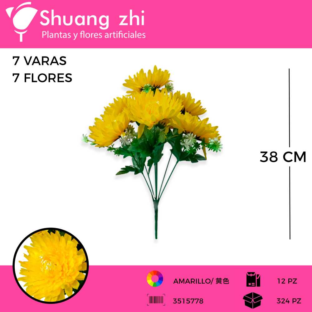 RAMO FLOR DALIA 7 VARAS 38 CM COLOR AMARILLO