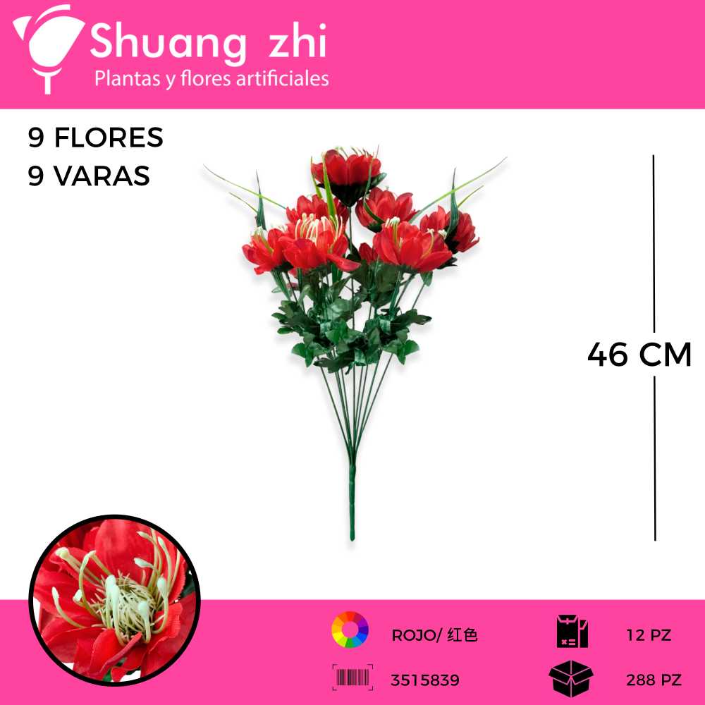 RAMO FLOR 9 CARAS COLOR ROJO 46 CM