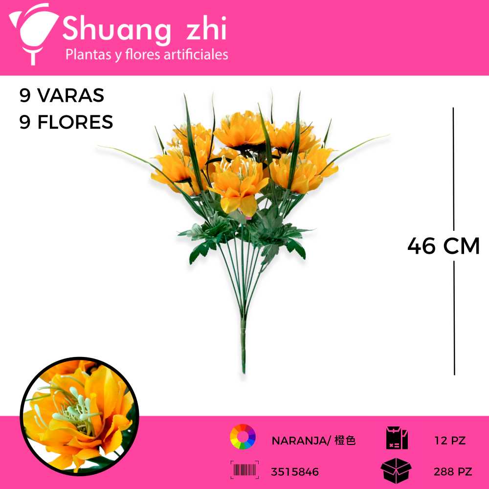 RAMO FLOR 9 VARAS 46 CM COLOR NARANJA