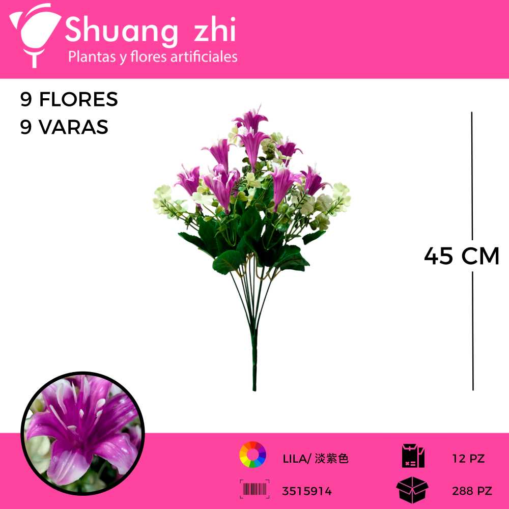 RAMO FLOR LILI 9 VARAS COLOR LILA 45 CM