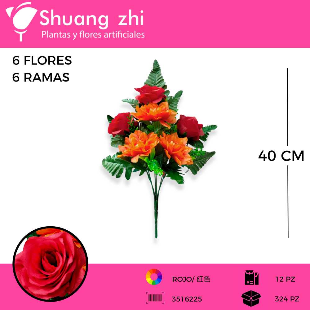 RAMO ROSA Y DALIA 6 VARAS ROJO NARANJA