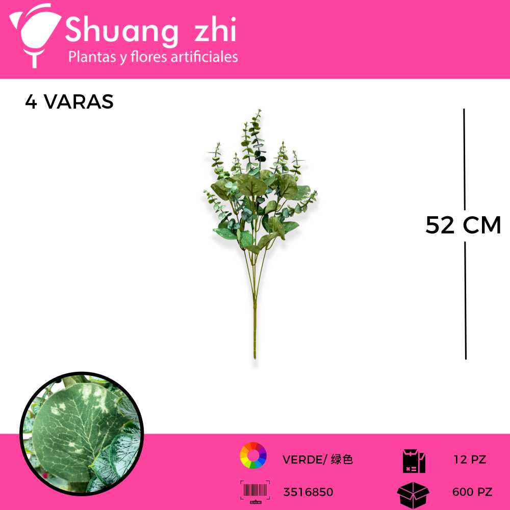 FOLLAJE 4 VARAS COLOR VERDE 52 CM