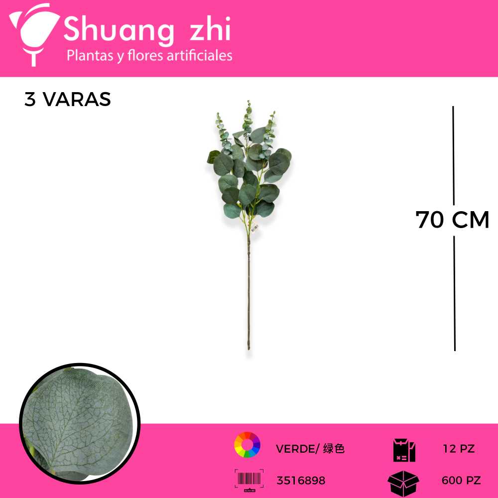 FOLLAJE 3 VARAS COLOR VERDE 70 CM