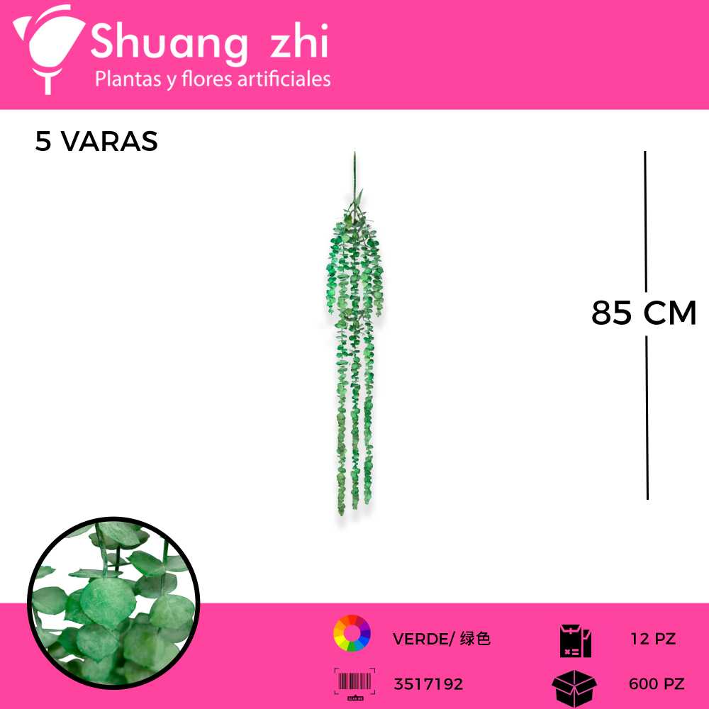 FOLLAJE COLGANTE 5 VARAS COLOR VERDE 85 CM