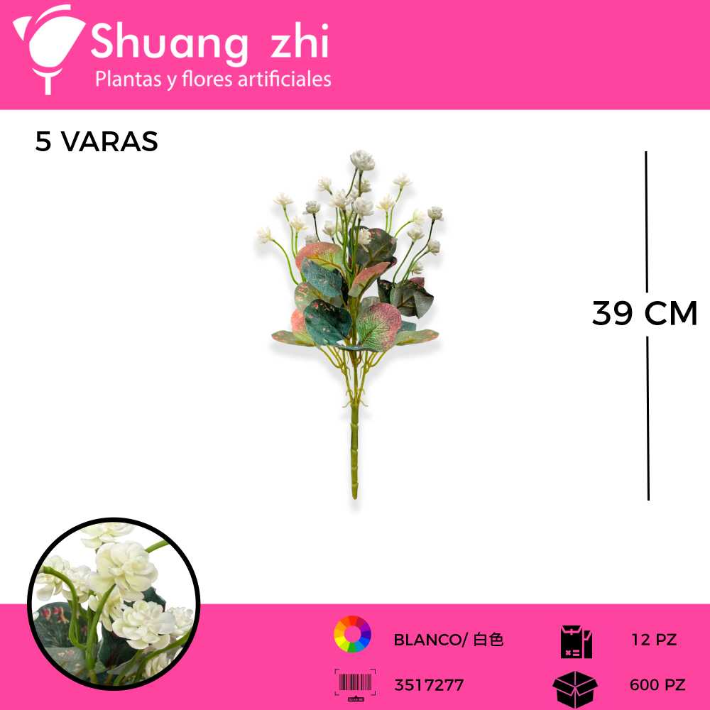 FOLLAJE 5 VARAS COLOR BLANCO 39 CM