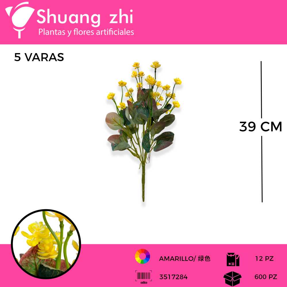 FOLLAJE 5 VARAS COLOR AMARILLO 39 CM