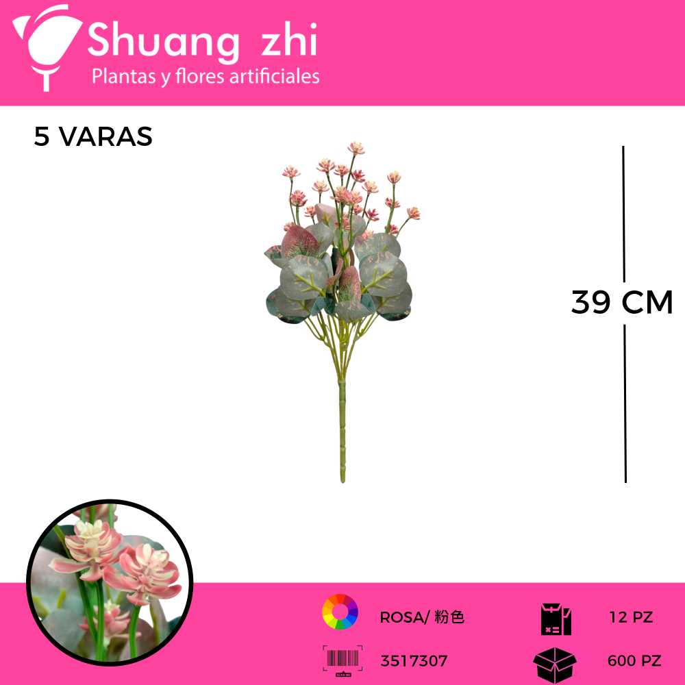 FOLLAJE 5 VARAS COLOR ROSA 39 CM