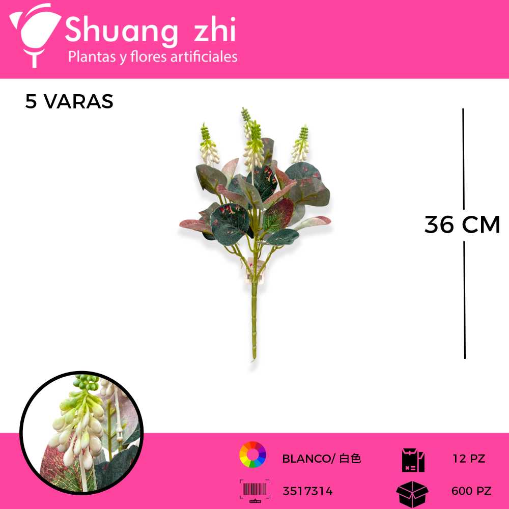 FOLLAJE 5 VARAS COLOR BLANCO 36 CM