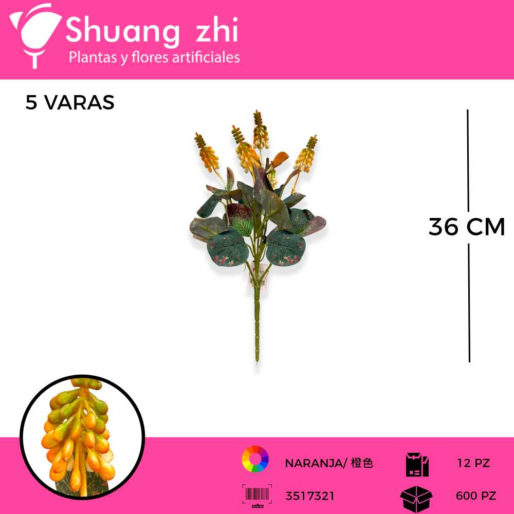 FOLLAJE 5 VARAS COLOR NARANJA 36 CM
