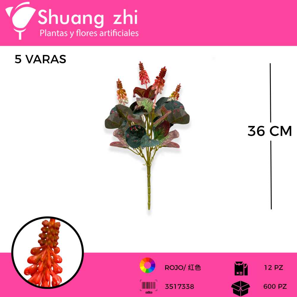FOLLAJE 5 VARAS COLOR ROJO 36 CM