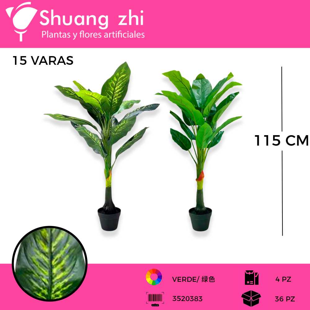 ARBOL TELEFONO 15 HOJAS CON MACETA 15 VARAS 115CM