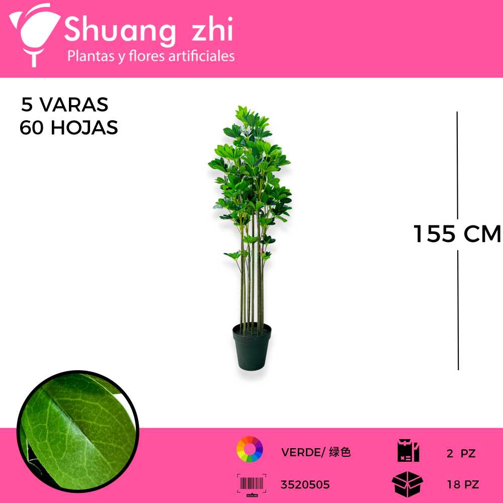PLANTA CHEFLERA 7 VARAS 84 HOJAS VERDE CON MACETA