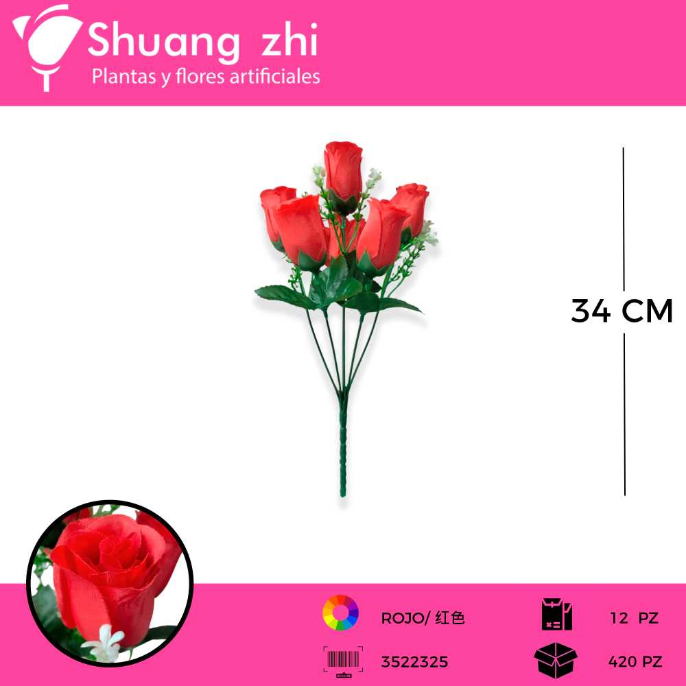 RAMO BOTON ROSA 6 VARA ROJO 34 CM