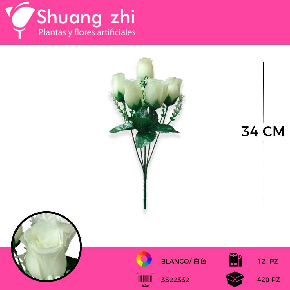 RAMO BOTON ROSA 6 VARA BLANCO 34 CM