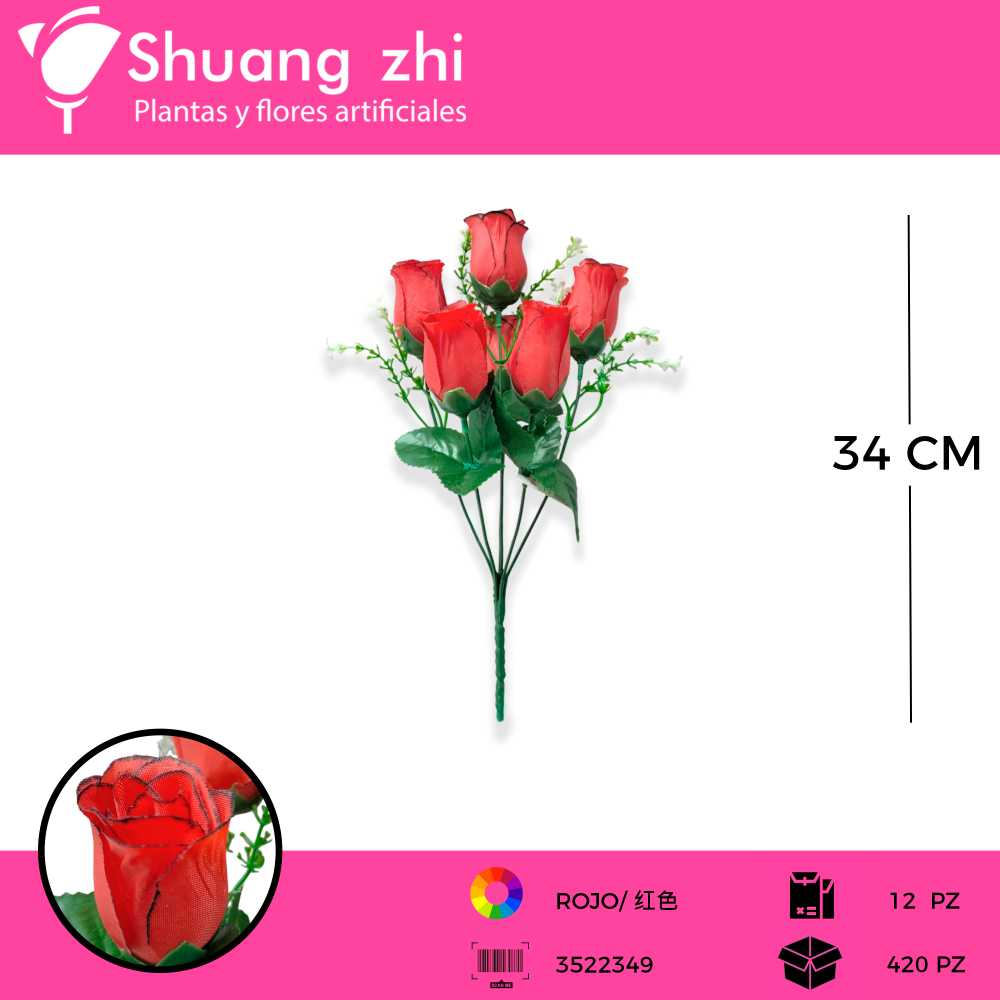 RAMO BOTON ROSA 6 VARA ROJO 34 CM