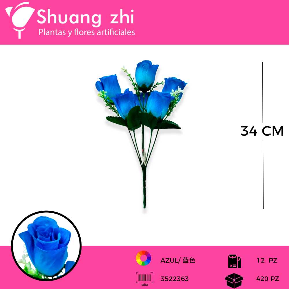 RAMO BOTON ROSA 6 VARA AZUL 34 CM