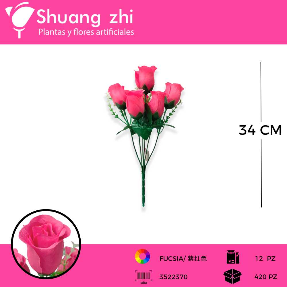 RAMO BOTON ROSA 6 VARA FUCSIA 34CM