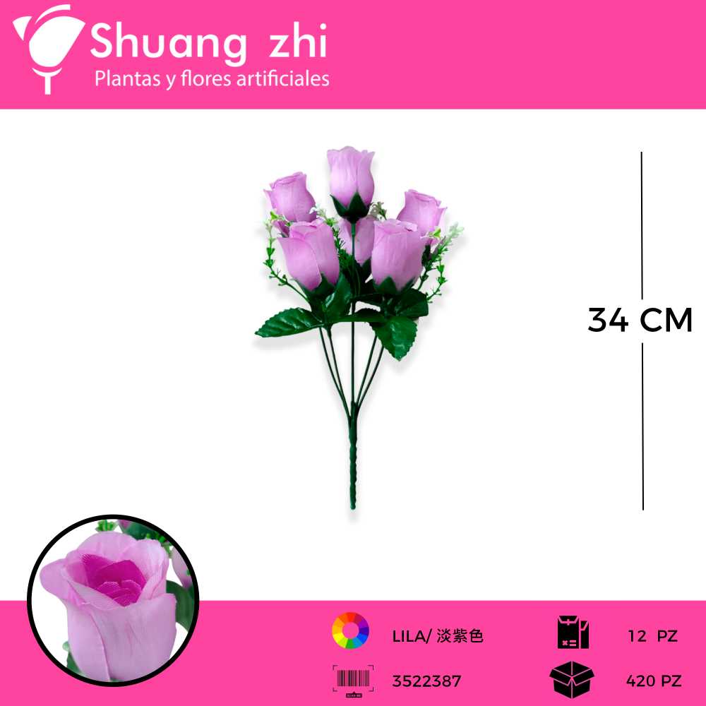 RAMO BOTON ROSA 6 VARA LILA 34 CM
