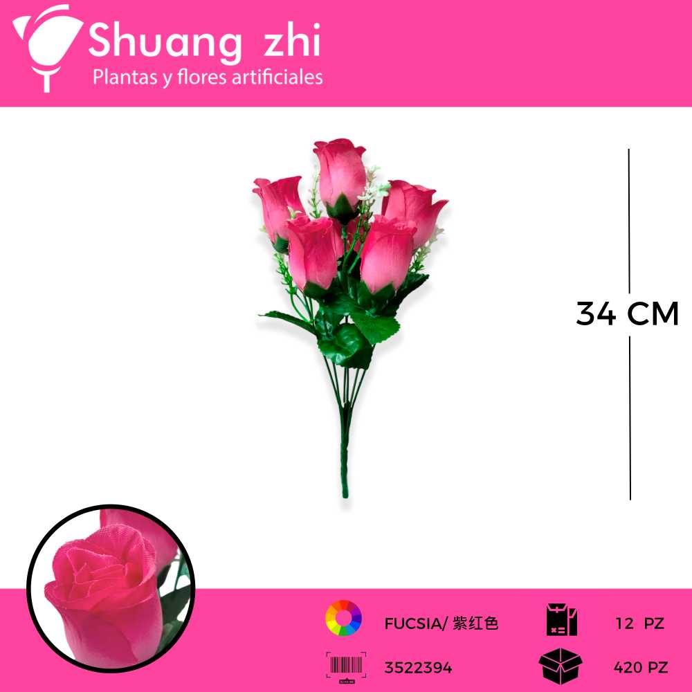 RAMO BOTON ROSA 6 VARA FUCSIA 34 CM