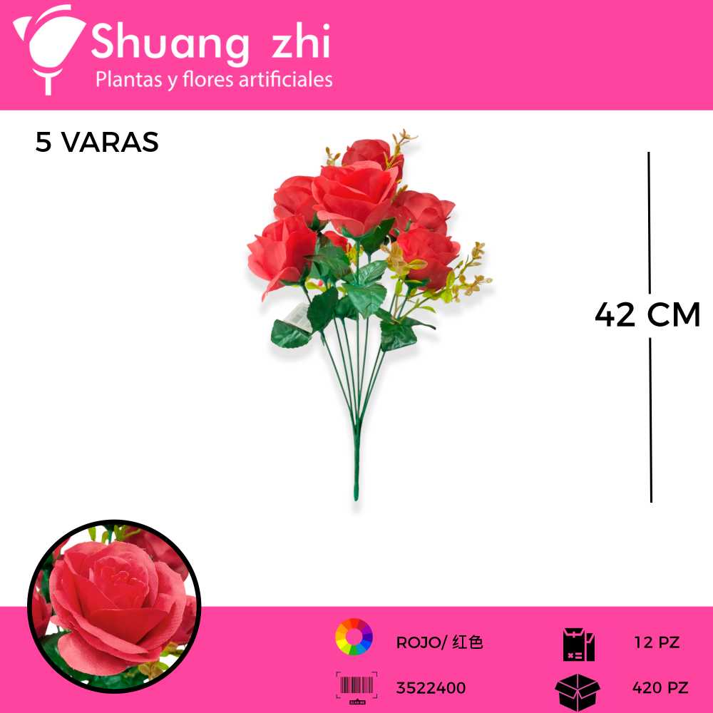 RAMO ROSA 7 VARAS ROJO 42 CM
