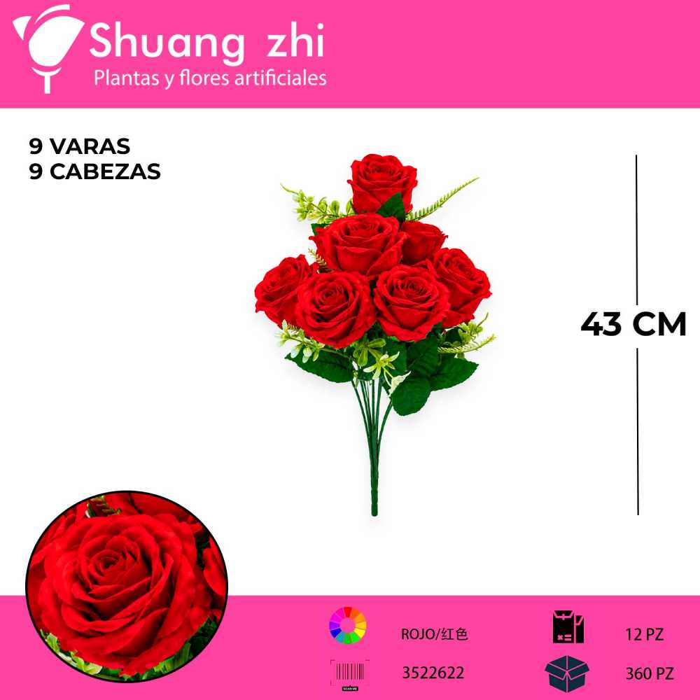 RAMO DE 9 ROSAS COLOR ROJO INTENSO