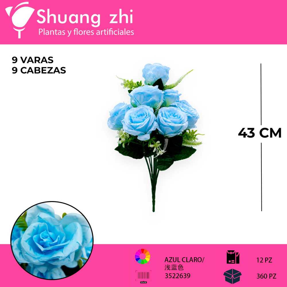 RAMO DE 9 ROSAS COLOR AZUL CLARO