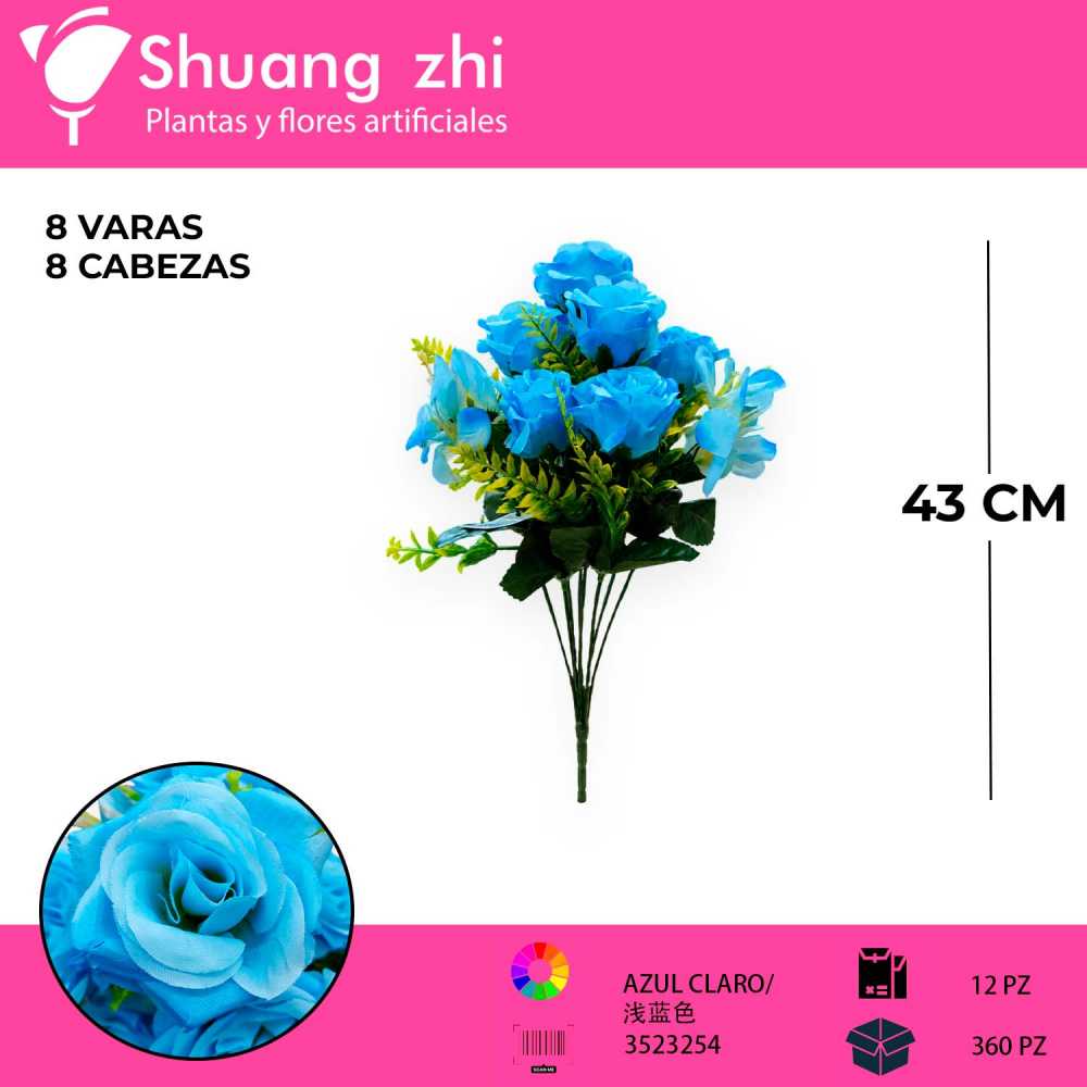 RAMO DE 8 ROSAS COLOR AZUL CLARO