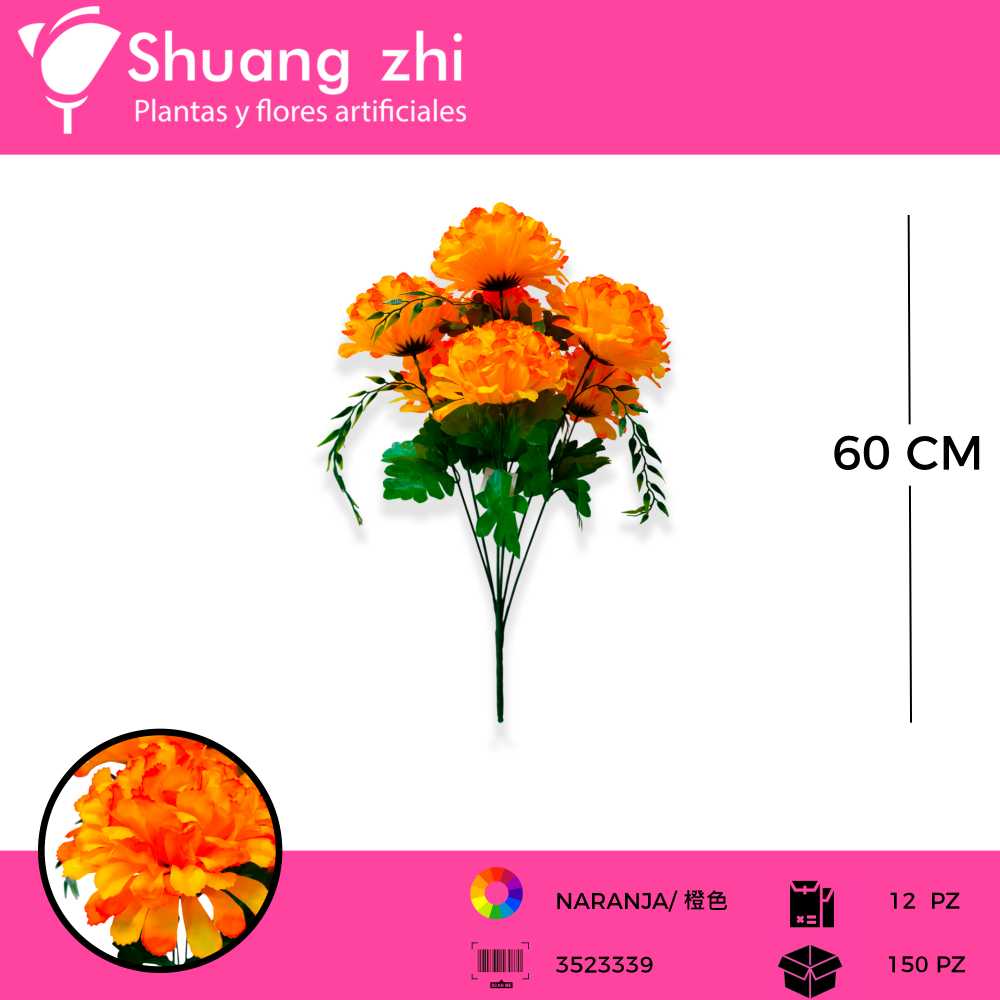 RAMO CRISANTEMO 7 VARA NARANJA AMARILLO 60CM