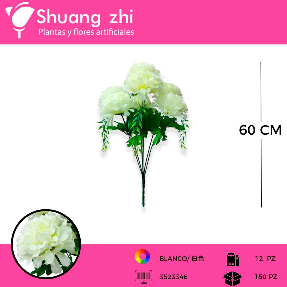 RAMO CRISANTEMO 7 VARA BLANCO 60CM
