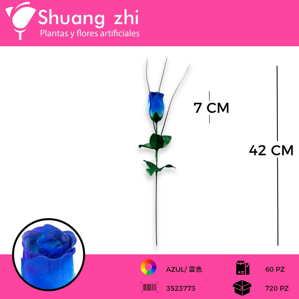 VARA ROSA DE BOTON AZUL 42CM