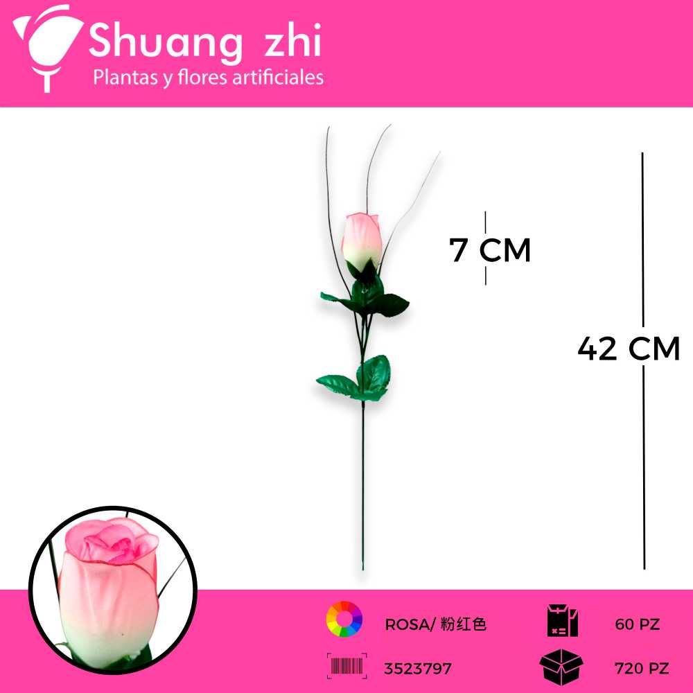 VARA ROSA DE BOTON BLANCO CON ROSA 42CM