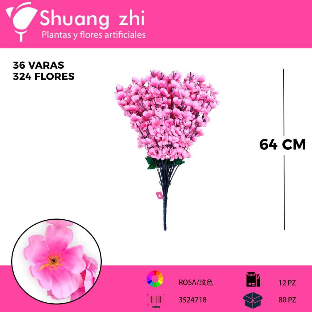 RAMO DURAZNO ROSA 36 VARAS 64CM