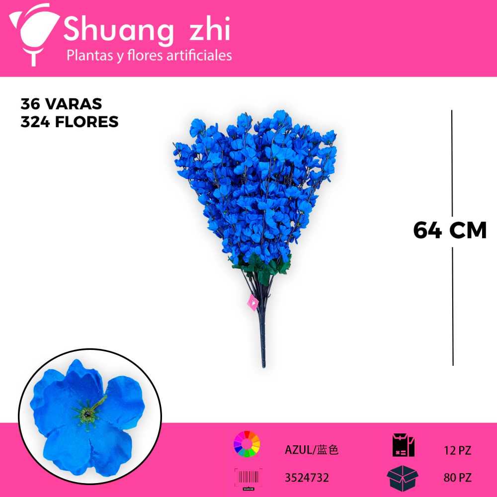 RAMO DURAZNO AZUL 36 VARAS 64CM