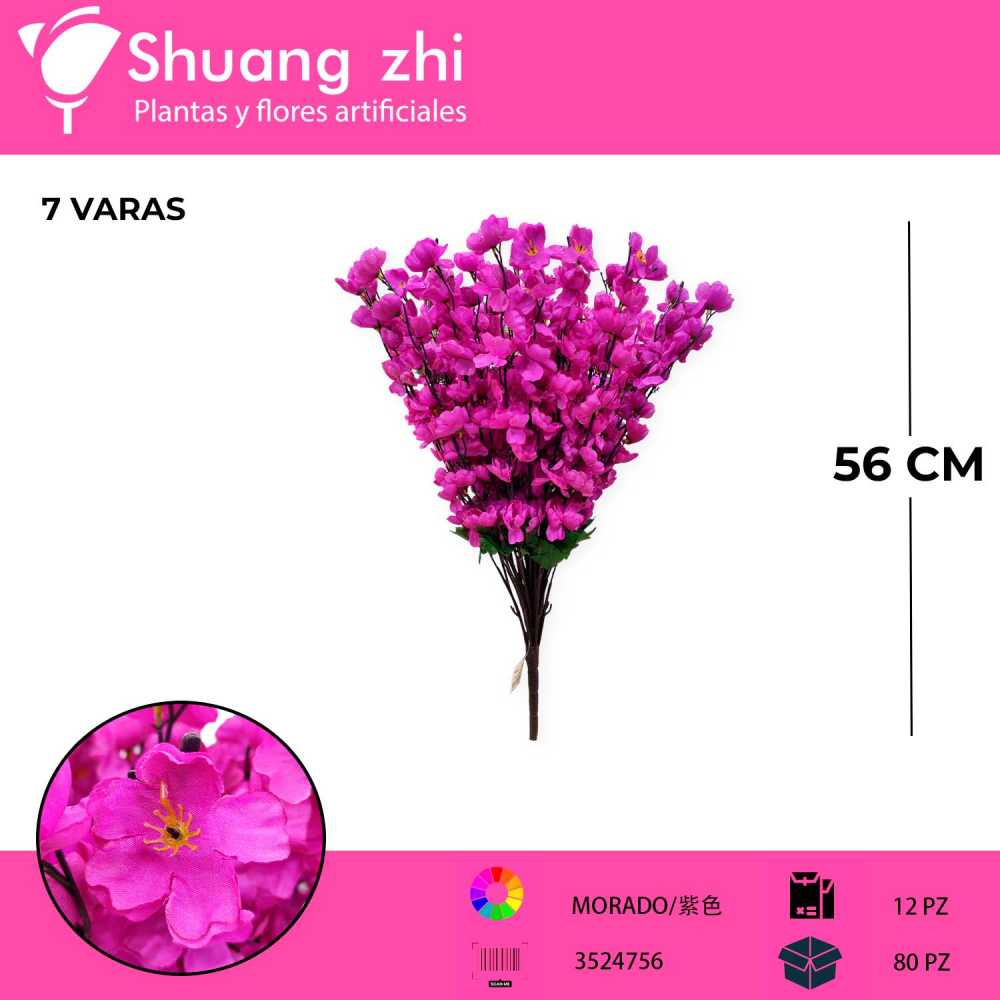 RAMO DURAZNO MORADO 36 VARAS 64CM