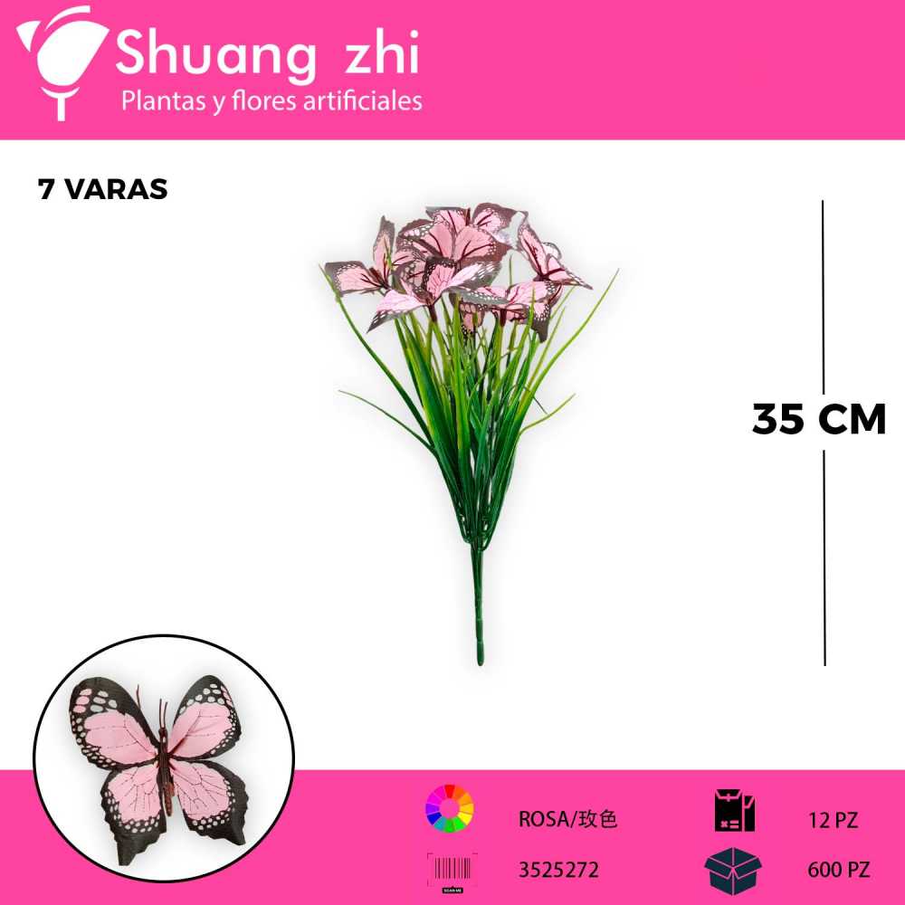 FOLLAJE CON MARIPOSA ROSA 7 VARAS 35CM