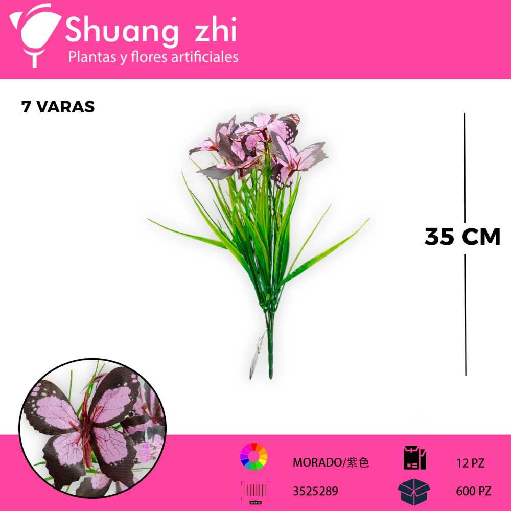FOLLAJE CON MARIPOSA MORADO 7 VARAS 35CM