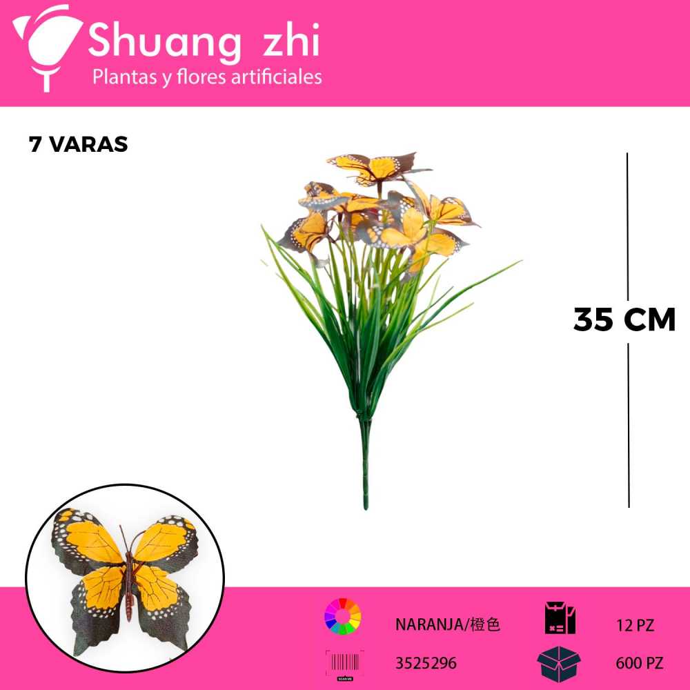 FOLLAJE CON MARIPOSA NARANJA 7 VARAS 35CM?1785622912