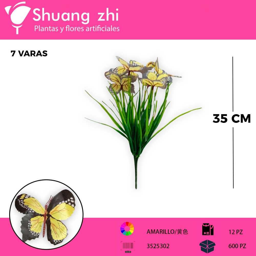 FOLLAJE CON MARIPOSA AMARILLO 7 VARAS 35CM